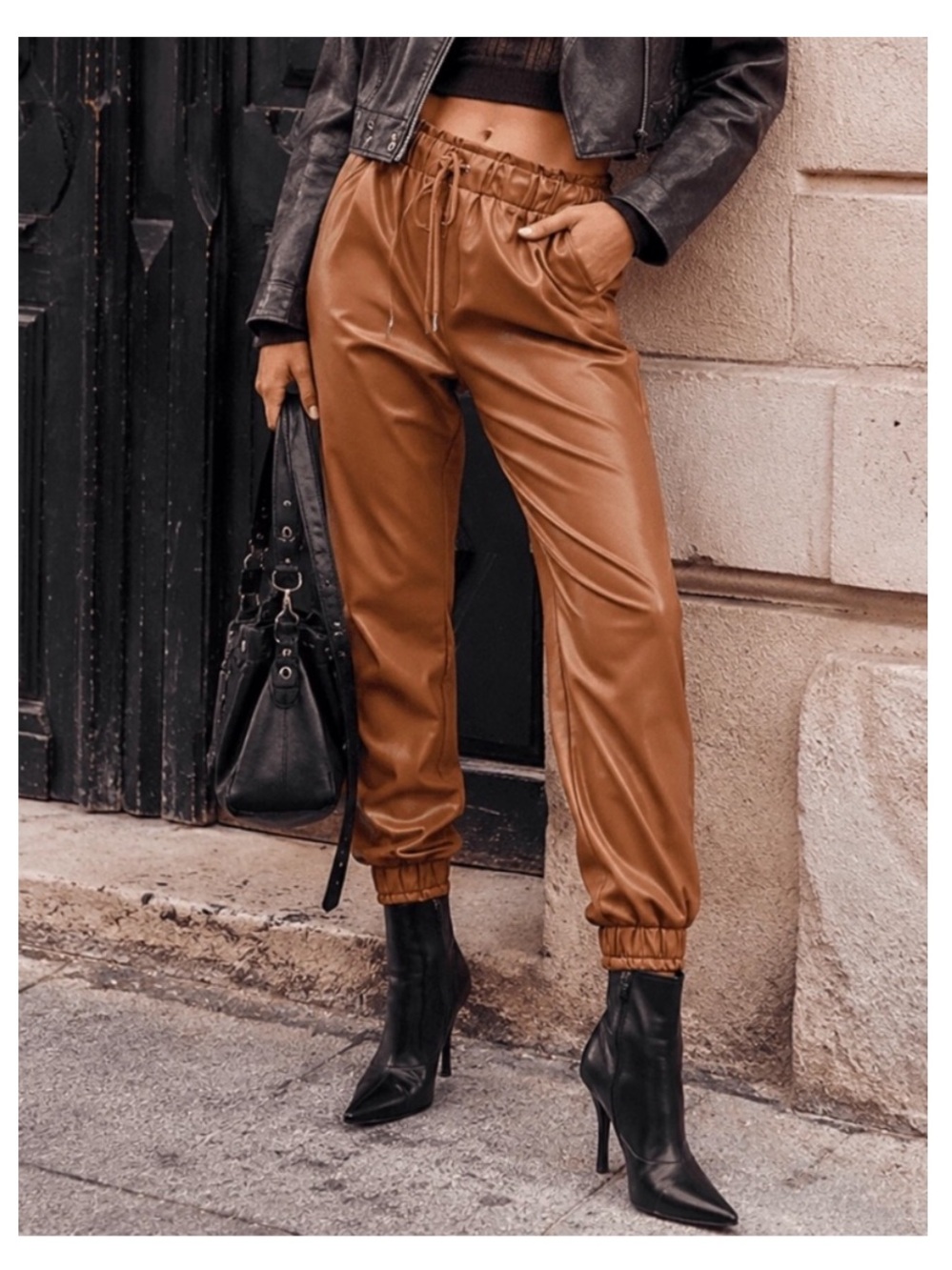 NWT LOVELO Plus Faux Leather Joggers w/Pockets and Drawstring - Caramel